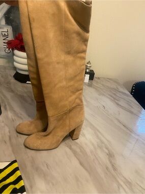 Tall Suede Block Heel Boots - Tan